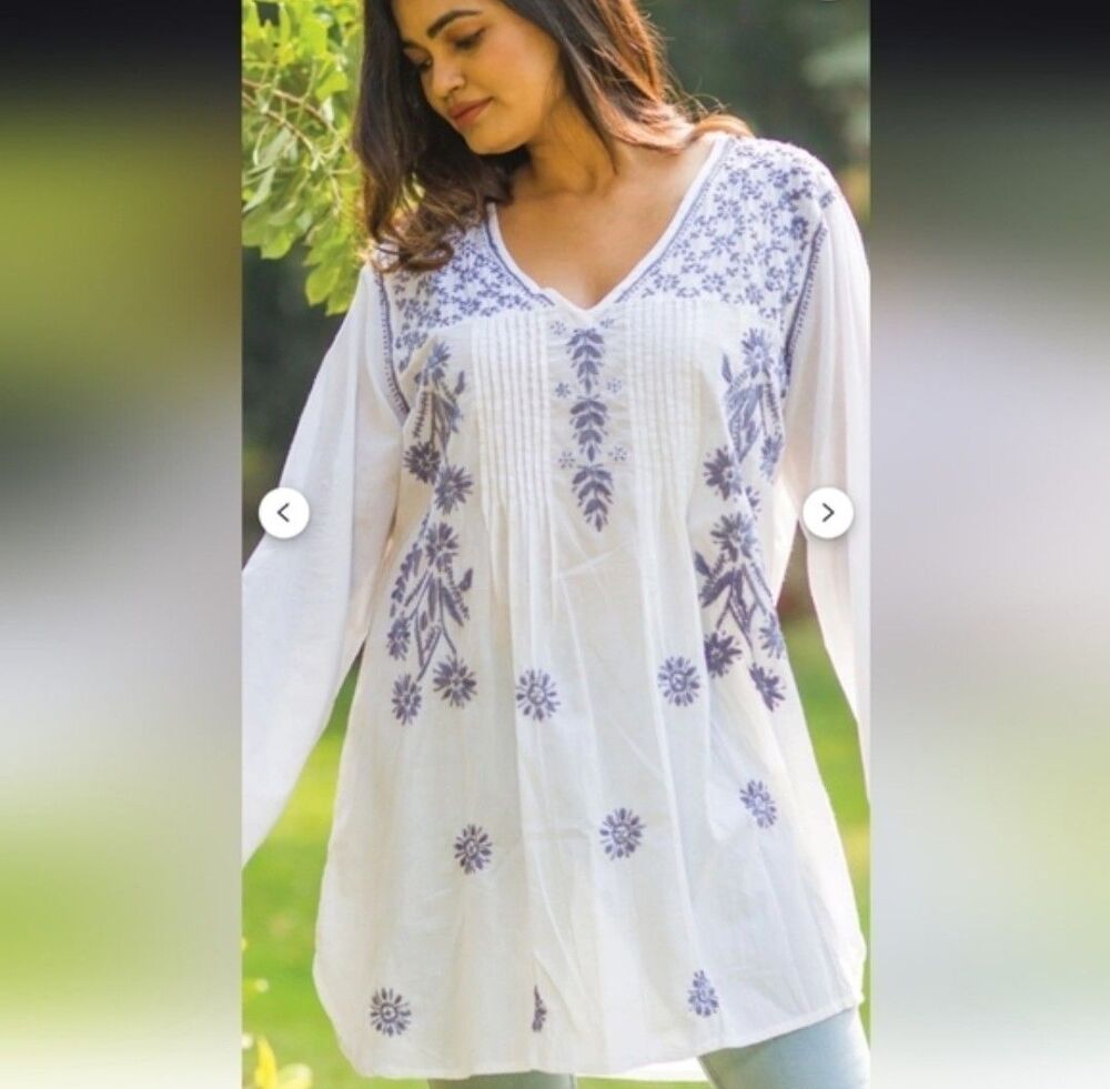 Sevya Handmade Embrodiered Cotton Tunic Women's Small Purple White Boho Coastal